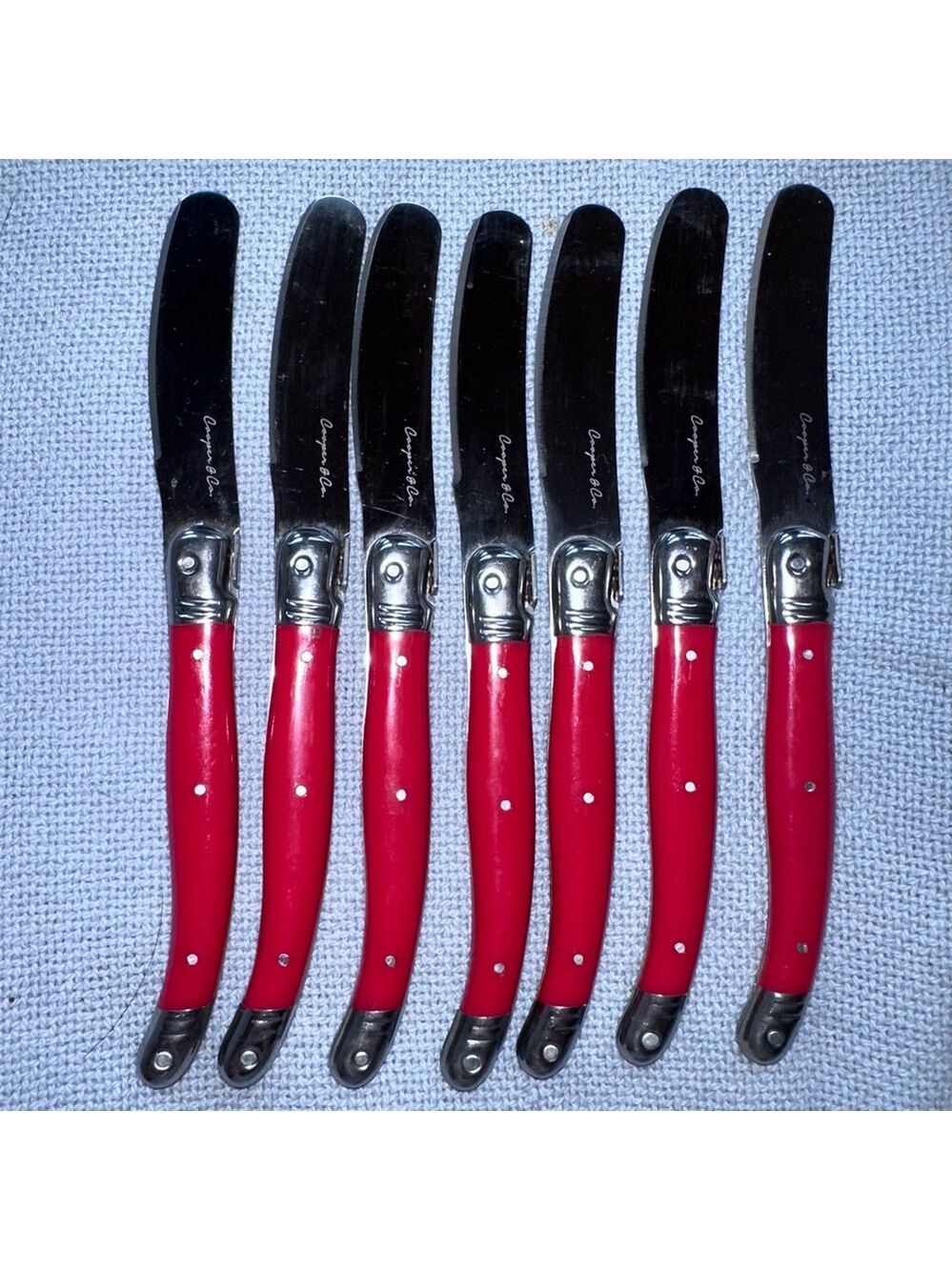 Preowned Cooper & Co Stainless Red Handled Pate Cheese Spread Knives Set Of 7